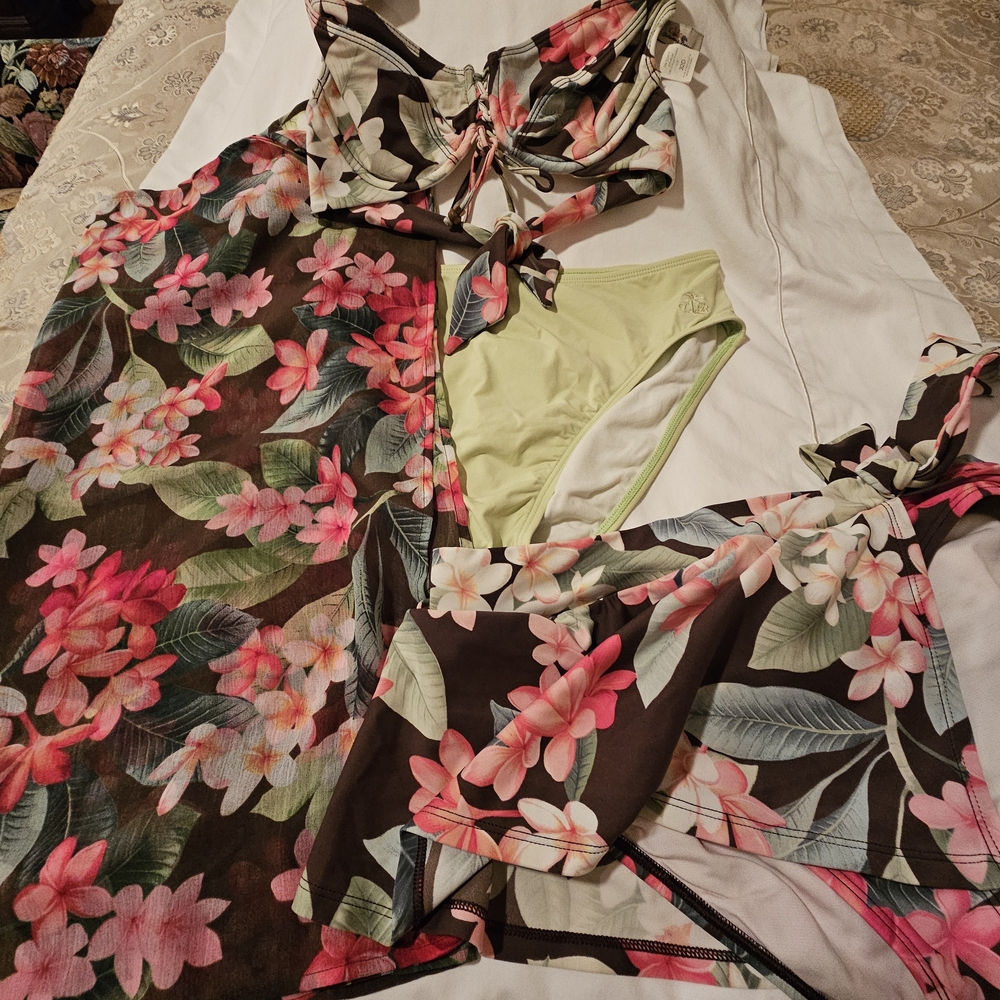 Tommy Bahama Pink and Green Floral Bikini Set Features 2 Bottoms & Sarong.